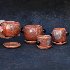 Handmade Ceramic Succulent Pots with Saucers | Set of 4 Rustic Planters