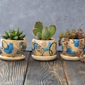 Handmade Mini Succulent Pots Set of 3 with Drainage and Saucer, Small Ceramic Planters, Hand Painted Pottery, Tiny Cactus Pots Gift