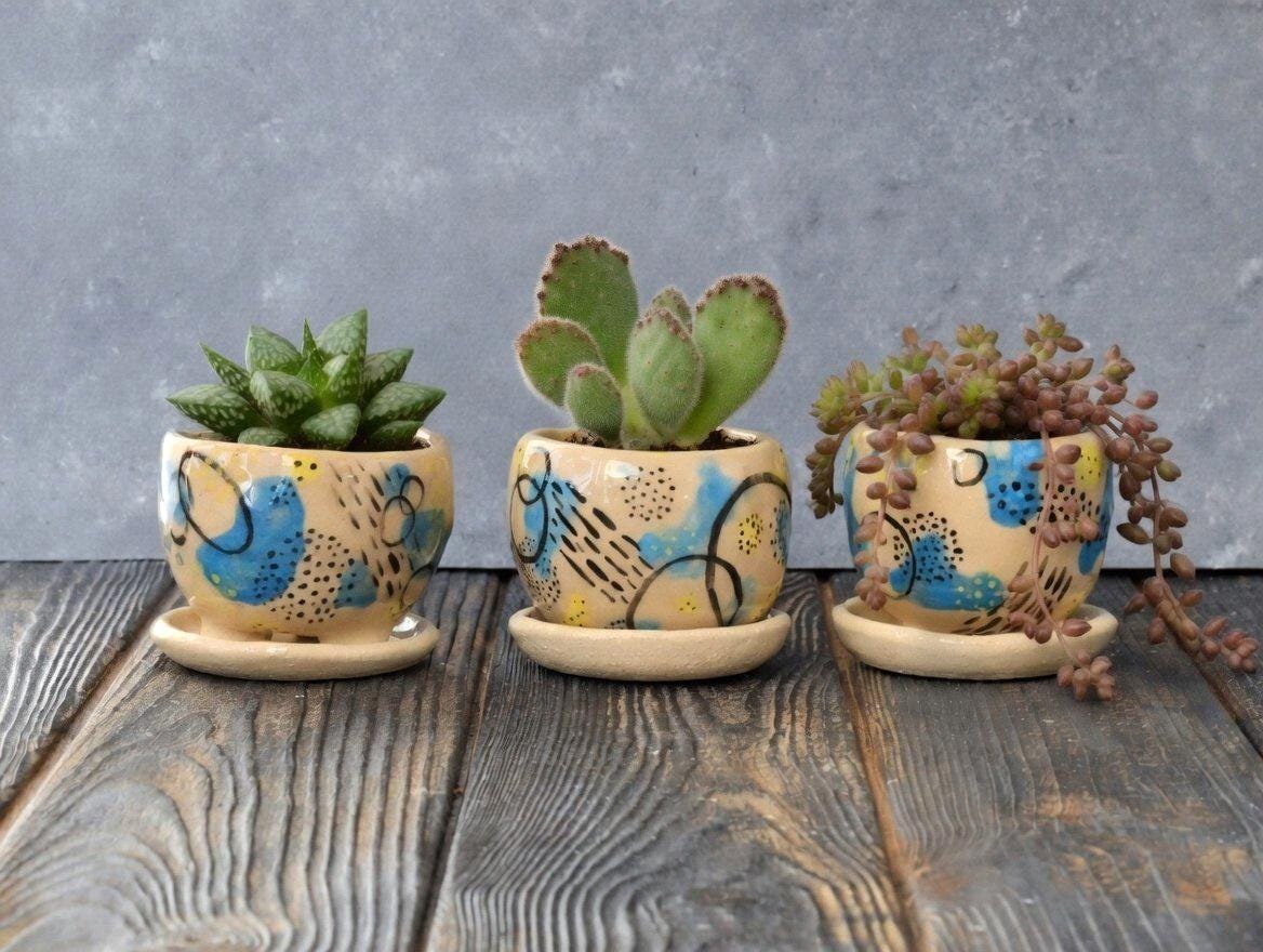 Handmade Mini Succulent Pots Set of 3 With Drainage and Saucer, Small ...