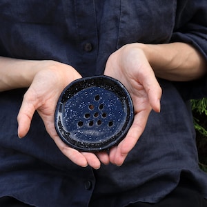 Handmade Speckled Black Ceramic Soap Dish: Rustic Pottery with Drainage