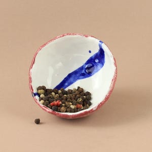 Handmade Ceramic Pinch Bowl | Wabi-Sabi Shamo Clay, Red-Blue Glaze| 3in| Unique Spice Decor| Free Shipping