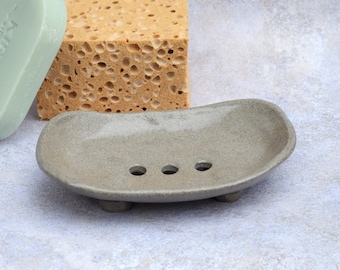 Large Handmade Grey Pottery Soap Dish | Wabi Sabi Ceramic Sponge Holder with drainage