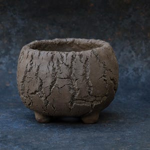 Peut inclure: Un petit pot de fleurs en céramique brun foncé, de forme ronde, présentant une texture extérieure rugueuse et craquelée rappelant l'écorce. Le récipient possède une large ouverture et repose sur trois pieds courts et arrondis à la base.