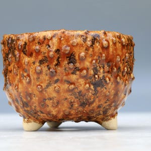 Peut inclure: Un petit pot en céramique rond avec une surface texturée et bosselée, recouvert d'une glaçure brillante aux tons ambrés et bruns tachetés. Le récipient repose sur trois petits pieds non émaillés de couleur claire pour la stabilité.