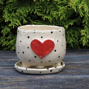 Ceramic Heart Planter with Drainage & Saucer, Handmade Small Succulent Pot, Footed Plant Pot, Cute Gift for Plant Lover