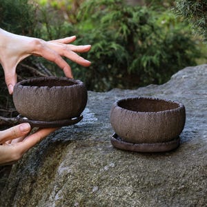 Op de afbeelding: Twee kleine, bruine keramische plantenbakken met een textuur en bijpassende schotels. Eén plantenbak wordt vastgehouden door de handen van een persoon, terwijl de andere op een grote, grijze rots staat. De achtergrond toont groen gebladerte.
