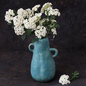 Handmade Chamotte Clay Vase - Rustic Two-Handle Pottery, 16 cm Flower Decor, Free US Shipping