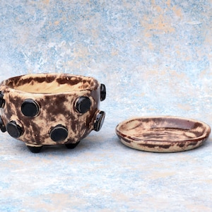 Könnte beinhalten: Ein Keramik-Schalen- und Untertassen-Set. Die braune Schale hat schwarze kreisförmige Akzente und kleine Füße. Die ovale Untertasse passt zum Farbschema der Schale. Das Set ist wahrscheinlich dekorativ oder funktional.