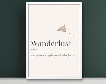 Wanderlust Definition Print | Travel Wall Art | Minimalistyczny plakat typograficzny | Dekoracja cytatem przygody | Pobieranie cyfrowe