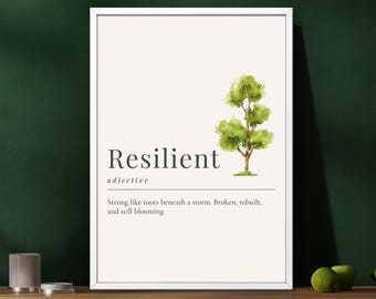 Resilient Quote Print: Watercolor Tree, Mental Health Art (Digital Download)