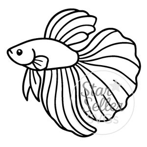 Pode incluir: Ilustração a preto e branco de um peixe Betta. O peixe tem um corpo aerodinâmico, uma cabeça pequena e barbatanas grandes e fluidas. As barbatanas têm uma forma de leque. A imagem é um design gráfico simples, adequado para várias aplicações.