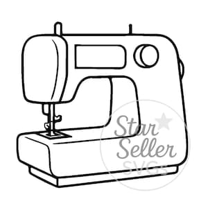 Peut inclure: Illustration en noir et blanc d'une machine à coudre. La machine a un dessus arrondi, un écran rectangulaire et un cadran circulaire. Les mots "Star Seller SVGs" sont dans un cercle en bas à droite.