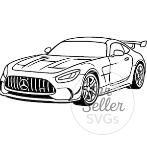 Op de afbeelding: Zwart-wit illustratie van een sportwagen. De auto heeft een opvallende grille met logo, gestroomlijnde koplampen en een achterspoiler. De wielen zijn gedetailleerd en het ontwerp straalt snelheid en prestaties uit.