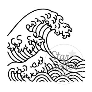 May include: Black and white line art illustration of a large ocean wave, with intricate details in the crest and body of the wave. The design is reminiscent of traditional Japanese art, with a focus on flowing lines and dynamic movement.