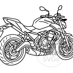 Op de afbeelding: Zwart-wit lijntekening van een Kawasaki motorfiets. De motorfiets heeft een gedetailleerd ontwerp van de motor, wielen en carrosserie, met het Kawasaki logo op de brandstoftank. De afbeelding is een vectorafbeelding.