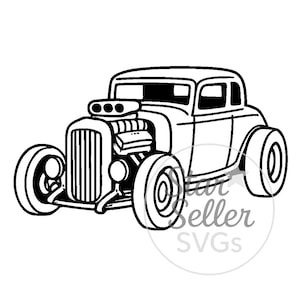 May include: Black and white illustration of a classic hot rod car. The car features a large engine, oversized tires, and a vintage design. The image is a vector graphic, suitable for various applications.