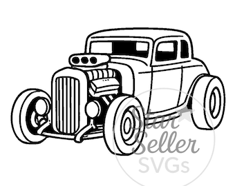 May include: Black and white illustration of a classic hot rod car. The car features a large engine, oversized tires, and a vintage design. The image is a vector graphic, suitable for various applications.