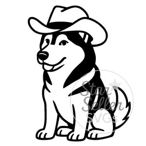 May include: Black and white illustration of a dog wearing a cowboy hat. The dog is a husky breed, with a smiling expression. The image is a digital design, suitable for various applications.