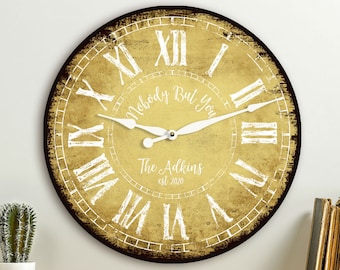 Personalized Rustic Farmhouse Wall Clock, 12 inch Wood Anniversary Gift