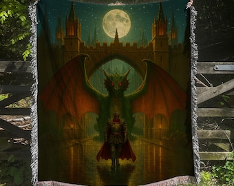 Medieval Dragon and Knight Woven Blanket: Gothic Fantasy Tapestry
