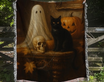 Vintage Halloween Woven Blanket: Black Cat, Ghost & Pumpkin Gothic Decor