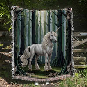 Enchanted Unicorn Woven Blanket, Fantasy Forest Throw, Mystical Home Decor, Fairycore Aesthetic, Magic Gift for Unicorn Lovers,Medieval Gift
