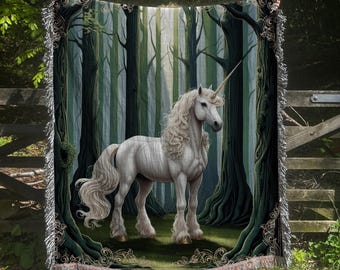 Medieval Unicorn Tapestry, Enchanted Forest Blanket, Unicorn Couch Throw