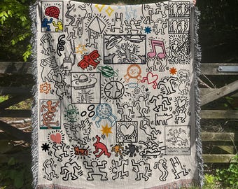 Pop Art Blanket – Colorful Woven Throw, Retro Line Art Tapestry