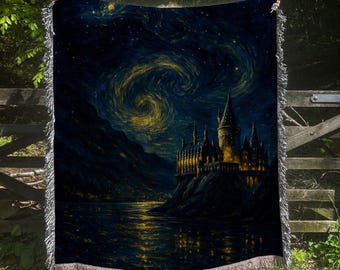 Manta tejida con castillo encantado estrellado: manta de fantasía con cielo nocturno