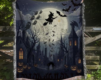 Häxa & Spöke Halloween Vävd Överkast – Gotisk Spökstadsgobeläng