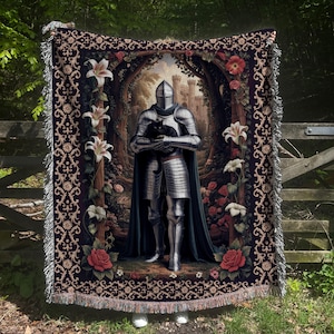 Knight and Cat Woven Blanket: Gothic Tapestry Throw