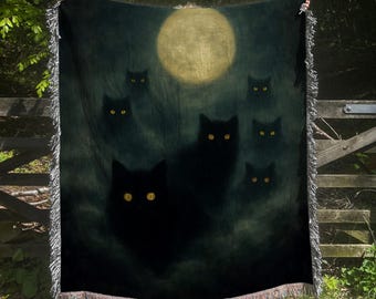 Manta tejida de gato negro gótico: Decoración de Halloween a la luz de la luna