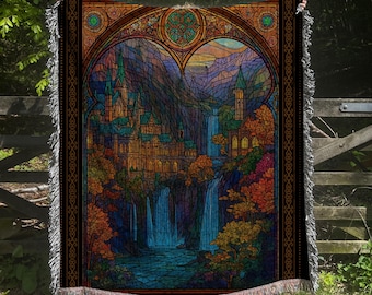Manta tejida del Valle Élfico Oculto: Tapiz de la Ciudad Cascada Mágica - Arte de vitrales élficos