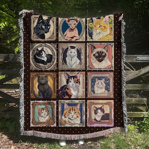 Vintage Cat Portrait Woven Blanket: Whimsical Feline Decor