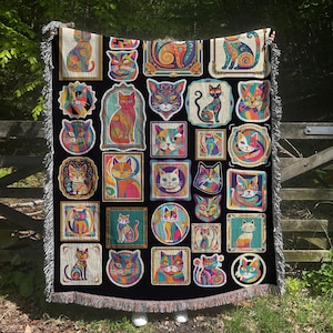 Abstract Woven Cat Blanket: Colorful Cotton Throw, Whimsigoth Decor