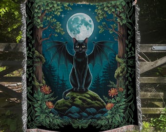 Gothic Black Cat Woven Blanket: Witchy Home Decor Throw