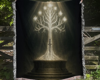 White Tree Tapestry Blanket, Fantasy Book Woven Throw