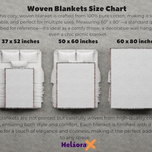 Puede incluir: Un cuadro de tallas de mantas tejidas muestra tres tama&ntilde;os: 94 x 132 cm, 127 x 152 cm y 152 x 203 cm. El texto describe las mantas como suaves, duraderas y hechas de 100% algod&oacute;n. Las mantas se muestran en camas.