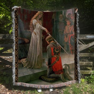 May include: A tapestry featuring a knight kneeling before a queen, who is holding a sword. The knight is wearing chainmail armor and a red tunic with a black eagle on the back. The queen is wearing a white gown and a crown. The tapestry has a gold and black border.