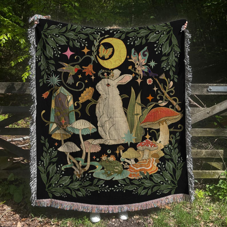 Fairycore Rabbit Woven Throw Blanket: Dark Botanical Rabbit Woven ...