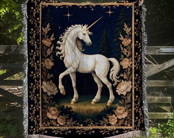 Medieval Unicorn Tapestry Blanket: Vintage Floral Cotton Throw