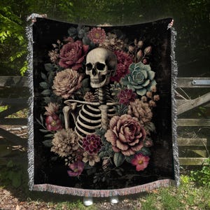 Tapiz tejido de esqueleto vintage: manta de estilo cottagecore de bruja