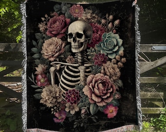 Vintage Skeleton Woven Tapestry: Witchy Cottagecore Blanket