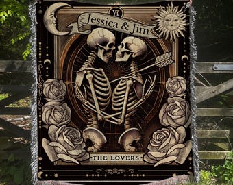 Custom "The Lovers" Tarot Blanket: Gothic Skeleton Couple Woven Tapestry