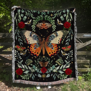 Butterfly Woven Blanket: Dark Academia Cottagecore Tapestry