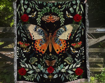 Manta tejida con mariposas: tapiz Dark Academia Cottagecore