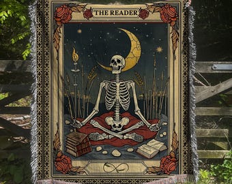 Gothic "The Reader" Tarot Card Woven Blanket: Occult Skeleton Art Throw