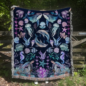 Ocean Underwater Inspired Woven Throw Blanket – Woven Cotton Throw with Dolphins, Whales & Sea Tapestry, Ocean Nursery Decor -Ocean Tapestry