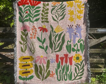 Matisse Floral Woven Cotton Blanket: Boho Cottagecore Throw