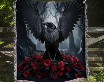 Gothic Raven Woven Blanket: Dark Academia Cotton Throw